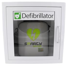 AED Defibrillator SET SMARTY SAVER, vollautom. Auslösung, Umschalter Erwachsene-Kinder, Kombi-Elektroden mit Metall-Wandkasten und AED - Standortwinkel