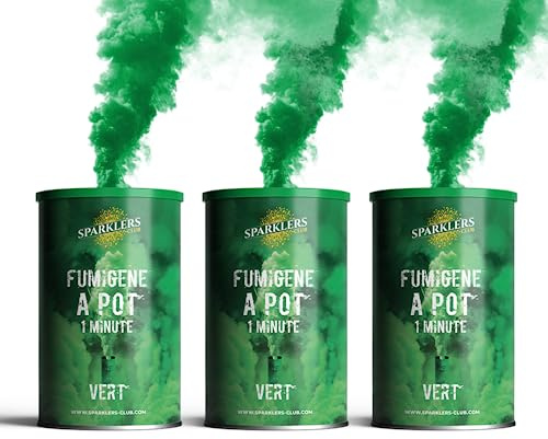 Sparklers Club Fumigène Pot Vert 1 Minute Allumage Mèche Lot de 3 T1 | Fumée Verte Intense, Durée 60 Secondes, Allumage Mèche Facile, 60-90 m3 Fumée Dense, Distance Sécurité 8 Mètres, Catégorie T1