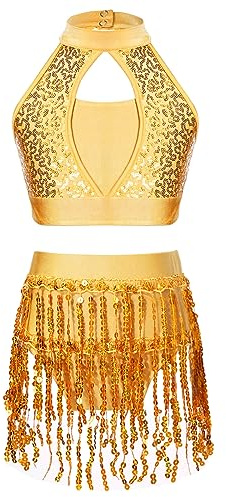 JEATHA Robe De Danse Latine Charleston Enfant Fille Ensemble De Danse Haut Et Jupe Franges Paillettes Tenue Soirée Bal Compétition Spectacle Dancewear Jaune 11-12 Ans