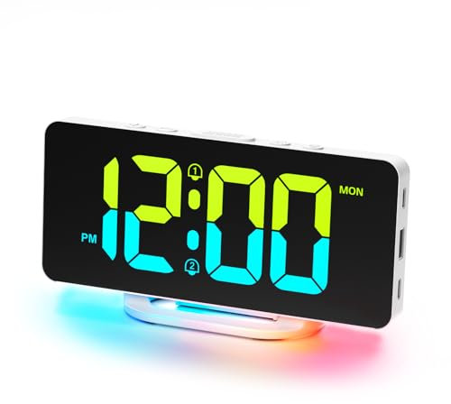 CHEREEKI Wecker Digital 10 Modi RGB-Nachtlicht, 11 Farben LED-Anzeige, Wecker Dimmbar, USB-Ladeanschluss, Große Zahlen, Wochentag, Netzbetrieben Weiß