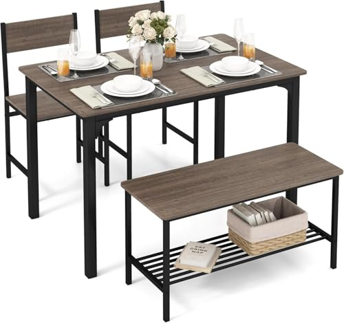 TANGZON Dining Table Set for 4, Kitchen Table and 2 Chairs with Bench, 4 Piece Dining Table Set for Small Space, Apartment