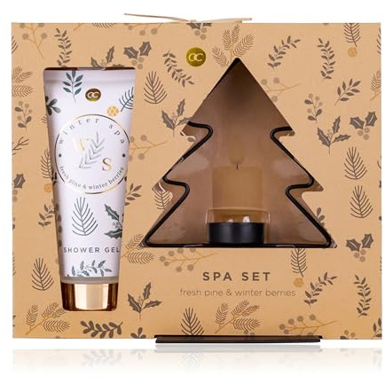 Geschenkset Kerzenständer der Marke Accentra, ideal für Damen - Badeset WINTER SPA in Geschenkbox, inkl. 200ml Duschgel, Kerzenständer in Baumform, Duft: Fresh Pine & Winter Berries