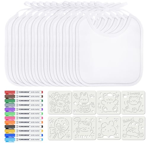 Aolso Baby Lätzchen zum Bemalen - 12 Weiße Lätzchen Mit 12 Textilstift und 8 Zeichenvorlage, Geschenke zur Babyparty, Wasserdicht (20 * 17.5cm)