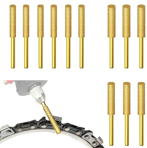 12 Stück Diamant Kettensägenschärfer 3 Größe 4mm 4,8mm 5,5mm Kettensäge Schleifstein Hohe Härte Chainsaw Sharpener Titanbeschichtete Kettensäge Schärfgerät für Kettensägen zum Schärfen und Schleifen