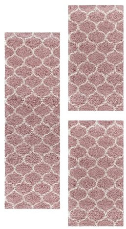 Carpetsale24 Bettumrandung Schlafzimmer 3 teilig Shaggy Hochflor Teppich Rosa Bettvorleger Schlafzimmer Bettset: 2 St. 60x110 cm | 1 St. 80x150 cm - Flauschiger Teppich Läufer Set Skandinavisch