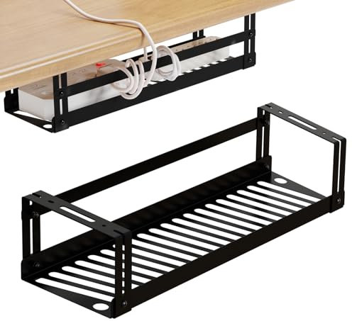 PAVSTINE Under Desk Cable Management No Drill, 1 Pack Carbon Steel Cable Management Under Desk Self Adhesive and Drilling Mounting, Black Desk Cable Tray for Desk Tidy, for Office and Home