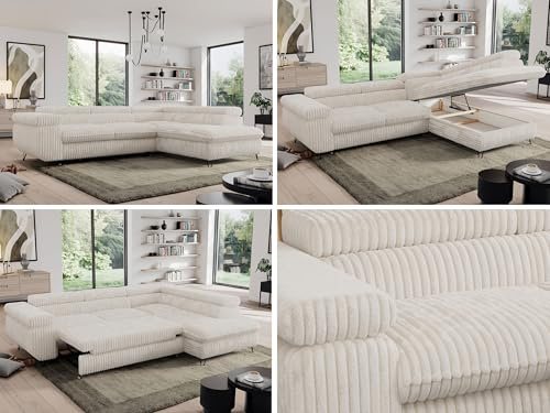 MKS MEBLE Cord Sofa L, Wohnlandschaft L-Form mit Schlaffunktion und Bettkasten, Schlafsofa mit Bettkasten, Ecksofa, Sofa mit Einstellbare Kopfstützen, Pedro L - Beige Cord - Rechts