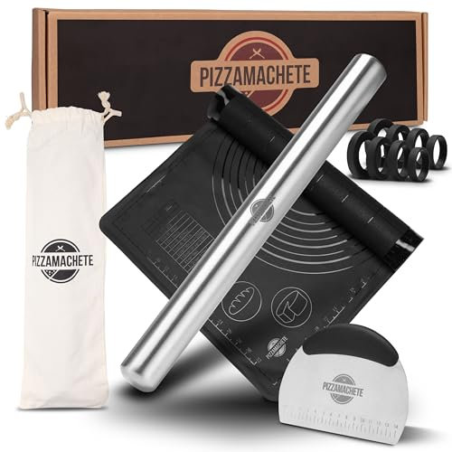 PIZZAMACHETE Edelstahl Nudelholz 35 cm, rutschfeste antihaft Silikonmatte 60x40 cm, Teigschaber für Pizza, Pasta Fondant