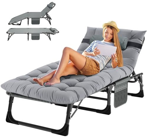 MOPHOTO Sonnenliege, Faltbare Sonnenliege für den Garten mit Matratze, verstellbare Rücken- und Beinauflagen, tragbar, für drinnen und draußen, zusammenklappbar(Grünes Kinderbett, Graue Matte)