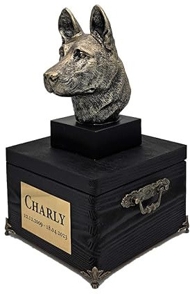 Hundeurne Deutscher Schäferhund 19 Hund Urne Holz mit Statue und Gravur Bronze Skulpturen Tierstatuetten Gedenkstein