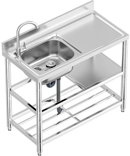 GWFBLID Edelstahl-Küchenspüle, freistehend,Outdoor-Waschbecken mit kaltem und heißem Wasserhahn,Abfluss Sieb, Mobiles Spültisch für Außenbereich, Waschküche, Bar, Restaurant