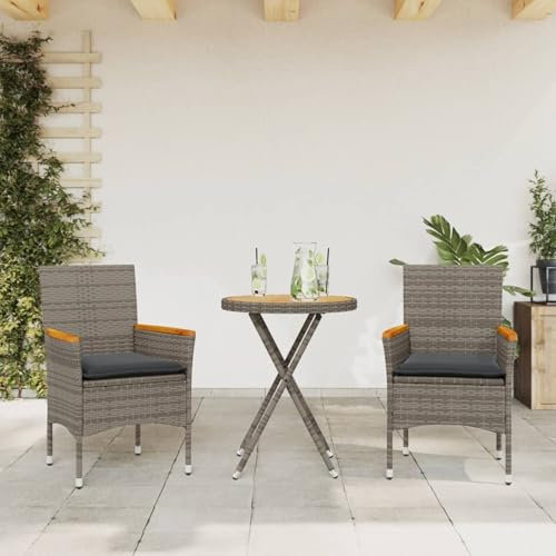 Xichuzi 3-TLG. Bistro-Set mit Kissen Grau Poly Rattan & Akazienholz, Gartenset Tisch Und Stühle, Balkon Möbel Für Kleinen Balkon, Terrassenmöbel, Balkonset, Balkonmöbel - 3278754