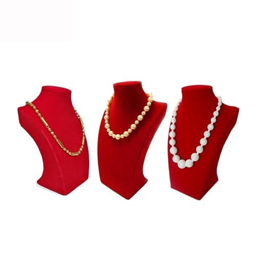 HATJZRUM Schmuckbüste 3Pcs Holz Schmuck Display Büste Rot Samt Mannequin Halskette Organizer Birne Kette Lagerung Zeigen Halter Stehen Samt Schmuckständer Für Halsketten