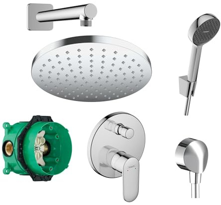 Hansgrohe Duschsystem Unterputz mit Duscharmatur Hansgrohe poliert HGK07 | Duscharmatur von Hansgrohe Vernis Blend Einhebelmischer und Hansgrohe Regendusche Duschkopf rund, Dusch-SET poliert