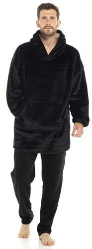 Oversized Hoodie Blanket, Wearable Hooded Blanket– Loungewear Hoodies Sherpa & Fleece Blanket for Men & Women, Comfy Cosy Fluffy with Pockets (BLACK)