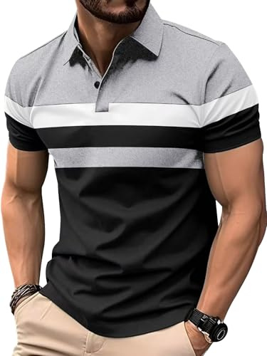 Comilaka Herr Polo Kortärmad Casual Randiga Polotröjor S-4XL, Svart, L