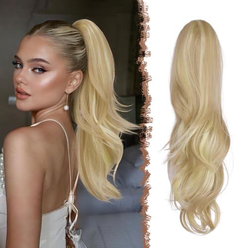 FESHFEN Extension Queue de Cheval avec Cordon, Naturel Ponytail Extensions de Cheveux Ondulées Synthétiques Blond Sale Postiche Bouclés pour Femmese, 50 cm