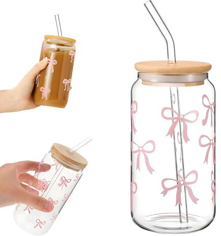LUHOCIY Glas Mit Schleifen, Trinkbecher Mit Deckel und Strohhalm, Glas Mit Deckel, Geeignet für Tägliche Trinkbecher, Outdoor-Getränkebecher, Geeignet für Eine Vielzahl von Gelegenheiten
