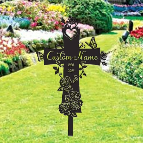 Personalized Cross with Rose Flowers Memorial Stake, Custom Metal Grave Marker, Garden Memorial Cross Sign (Cross Rose Flower Memorial Stake)