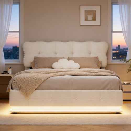 BRILVERDE Polsterbett 160x200 mit Stauraum, Doppelbett mit LED, Hydraulisches Stauraumbett, Funktionsbett mit Kopfteil, Bettgestell mit Lattenrost, Samt (Beige, 160 x 200 cm)