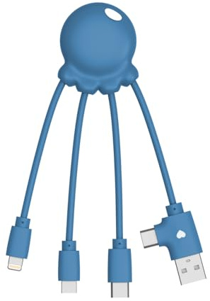 Xoopar Octopus OBP Câble Multi USB 4 en 1 Plastique des Océans - Bleu | Pieuvre 4 en 1 en plastique recyclé issu des océans : USB, USB-C, Lightning et Micro USB pour tous vos appareils