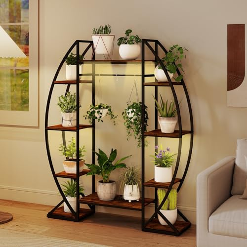 COSTWAY Soporte para Plantas de Interior con Luces de Crecimiento, Estante Metálico en Esquina con 10 Niveles, Estantería para Macetas Grandes, Estante Decorativo con Curvas para Salón Balcón