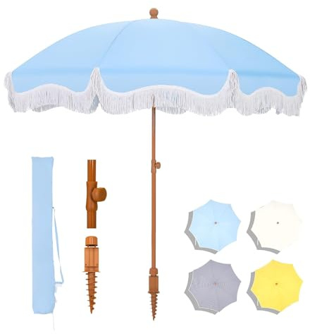 Parasol de Plage à Franges, Parasol de Plage de 2,1 m avec Franges, Parasol à Pompons UPF 50+ avec Bouton d'inclinaison et manivelle, Parasol d'extérieur de Vacances avec Sac de Transport, i