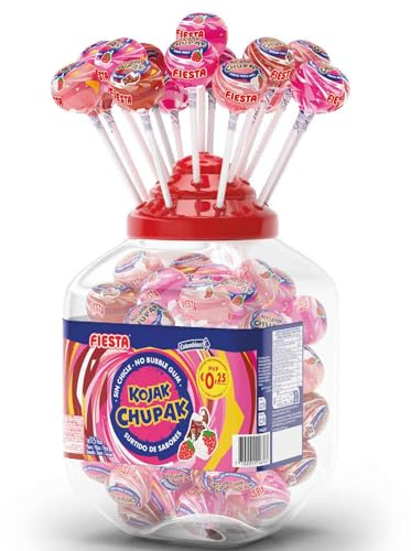 KOJAK ChupaK - Caramelos con Palo - Sabores Surtidos - SIN CHICLE - 115 Chupachups - Fresa, Cola, Fresa y Nata - FIESTA