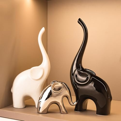 Elefantes Decoracion Figuras, Estatua Moderna de cerámica, Elefante de la Buena Suerte, para estanterías, Salas de Estar, oficinas, mesas. Regalo para los Amantes de los Elefantes (Blanco Negro Plata)