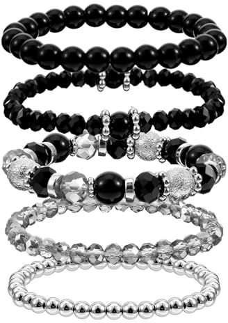 Ouligay 5 PCS Black Beaded Bracelets for Women Men Stackable Bracelet Gothic Crystal Bead Bracelets Stretch Layering Bracelet Anxiety Stress Relief Jewelry Gifts