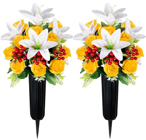 Velibobo Artificial Cemetery Flowers with Vase, Set of 2 Rose Lily Bouquet Graveside Decoration, Artificial Memorial Flowers for Easter Mother's Day Arrangements