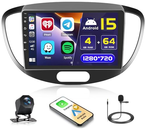 Hikity 4+64G 9 Radio Android para Hyundai I10 2007-2013 Wireless CarPlay | IPS Pantalla Táctil GPS Navi Bluetooth 5.0 5G WiFi FM/RDS Cámara Trasera EQ Control del Volante 4+64G