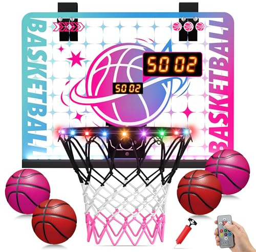 ROPODA Canasta de Baloncesto Infantil, Mini Canasta Baloncesto Habitacion con luz LED, Control Remoto & Marcador, Regalos de Cumpleaños de Navidad para Niños y Niñas de 3+ Años, Azul & Morado