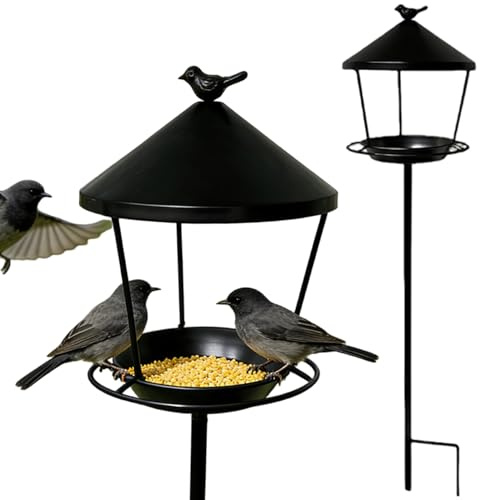 Otbushit Mangiatoia per Uccelli Resistente con Palo, Pali per Mangiatoia per Uccelli - Palo in Ferro Battuto con Ampio Vassoio per Sementi per Giardino, Cortile, Patio, Nessun Montaggio Richiesto, N