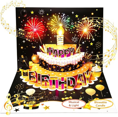 Birthday Cards, 3D Pop up Happy Birthday Card with Music&Light | Fireworks Birthday Card with Blow-out Candle, Birthday Gifts Card for Women Men Husband Wife Kids Friends