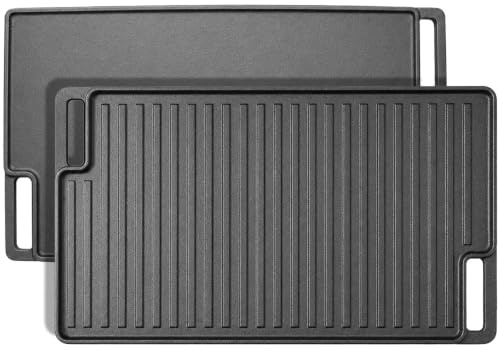 Reversible Cast Iron Griddle, 47 × 26 × 4cm Rectangular Grill Pan with Handles, Heavy Duty Flat Stove Top Plate for Gas Burner, Propane Camping Stove, Outdoor BBQ, Indoor Fish Fry and Camp Cooking
