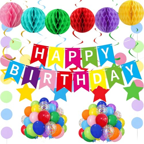 Rainway 55 pezzi kit di decorazione per compleanno, decorazioni in carta multicolori con festone, sfere a nido d'ape, stelle sospese, bandierine di compleanno e palloncini (multicolori)