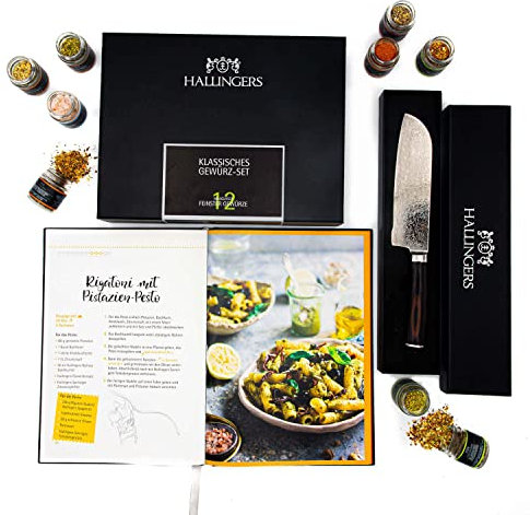 Hallingers Klassisches Gewürz-Set & Deluxe Santoku & Kochbuch - 12er Gewürz-Geschenk-Set, Gewürze & Deluxe-Messer & Kochbuch (Set) - Geschenkideen Weihnachten & Geschenke Adventskalender | Geburtstag