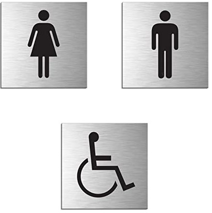 WC-Schilder Türschilder Toilettenschilder Rollstuhl Damen Herren 3er-Set Aluminium in Edelstahlschilder-Optik Format 80x80 mm vollflächig selbstklebend Nr.11903-S