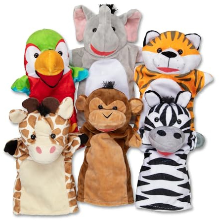 Melissa & Doug Safari Buddies Hand Puppets, Set of 6 (Elephant, Tiger, Parrot, Giraffe, Monkey, Zebra) Soft, Plush Animal Hand Puppets For Toddlers And Kids Ages 2+