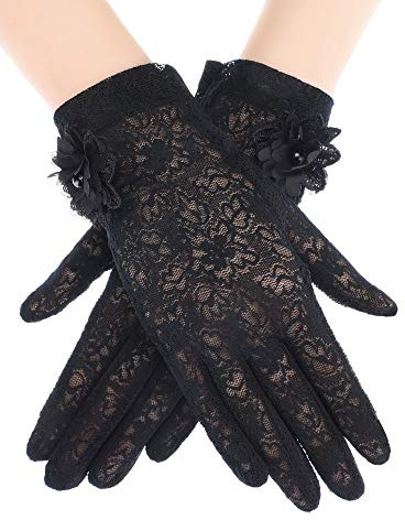 SATINIOR Lace Gloves Women Short Fingerless Floral Gloves for Tea Party Wedding Halloween(Floral,Black)