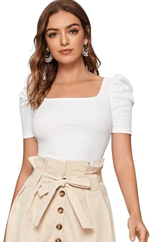 WDIRARA Women's Puff Sleeve Square Neck Short Sleeve Elegant Tee Top Light White M
