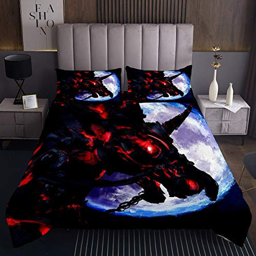 Juego de Colcha de Unicornio Negro Fuego Estampado Unicornio para niños y niñas Galaxy Bright Blue Moon Juego de edredón mágico con de Animales Acolchados, 3 Piezas de
