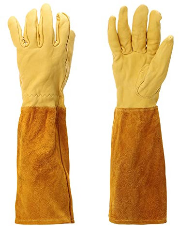 DEDEMCO Gartenhandschuhe für Damen und Herren, atmungsaktiv, Hirschleder, durchstichfest, dornsicher, lange Stulpenhandschuhe, atmungsaktiv, langlebig, Leder, Gartenarbeitshandschuhe