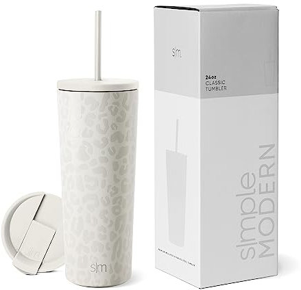 Simple Modern Thermobecher mit Strohhalm und Deckel | Trinkbecher mit Henkel Wiederverwendbare Edelstahl | Geschenke für Frauen und Männer | Classic | 710ml | Cream Leopard