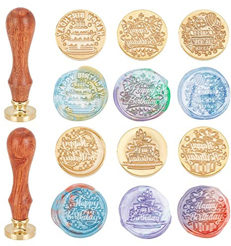 SUPERDANT 6 Stück/Set 25mm Wachs Siegel Stempel Kit Happy Birthday Day Wachs Siegel Stempel Messing Kopf Stempel 2 Holzgriff Für Geschenke Umschläge Karte Ohne Wachs