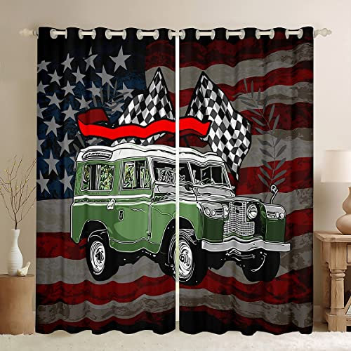 feelingyou Tenda con bandiera americana per camera da letto, verde classico SUV auto stampa tenda finestra per ragazze adolescenti, bianco nero scozzese bandiera decorazione della stanza trattamento