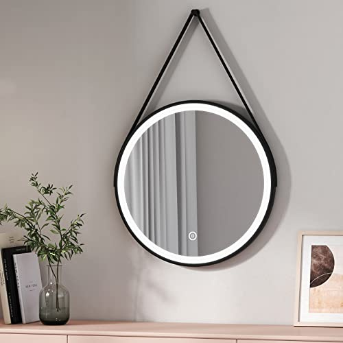 EMKE Badezimmerspiegel mit Beleuchtung, LED-Spiegel, rund, 60 cm, mit Touch-Schalter, weißes Licht, 6500 K, Rahmen schwarz