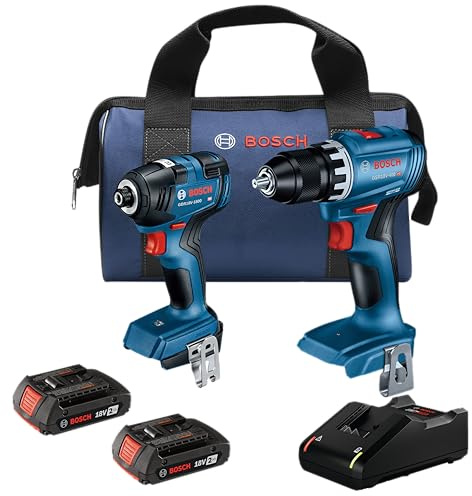 BOSCH GXL18V-27B22 Power Tool Combo Kit - 18V Brushless Compact 1/2 In. Cordless Drill Driver and 1/4 In. Hex Impact Driver (Includes: Two 2.0Ah Batteries, 18V Charger, and Carrying Tool Bag)