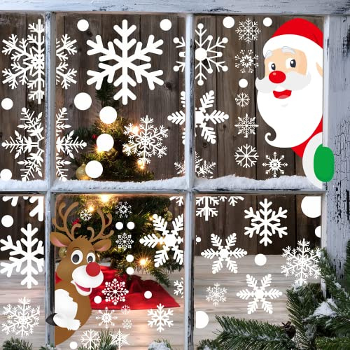 Weihnachts Fensterbilder, JunD 406pcs Fensterbilder Weihnachten Selbstklebend, Fensterbilder zu Weihnachten, Fensterdeko Winter, Schneeflocken Fensterdeko für Türen, Schaufenster, Vitrinen